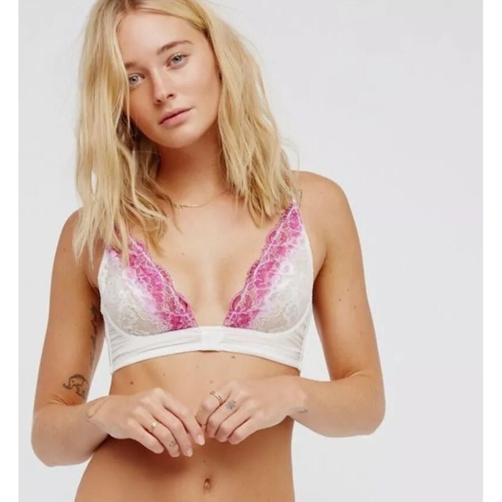 Intimately Free People Fools Gold Lace Bra Bralette‎ White Pink Unlined 32DD(E)